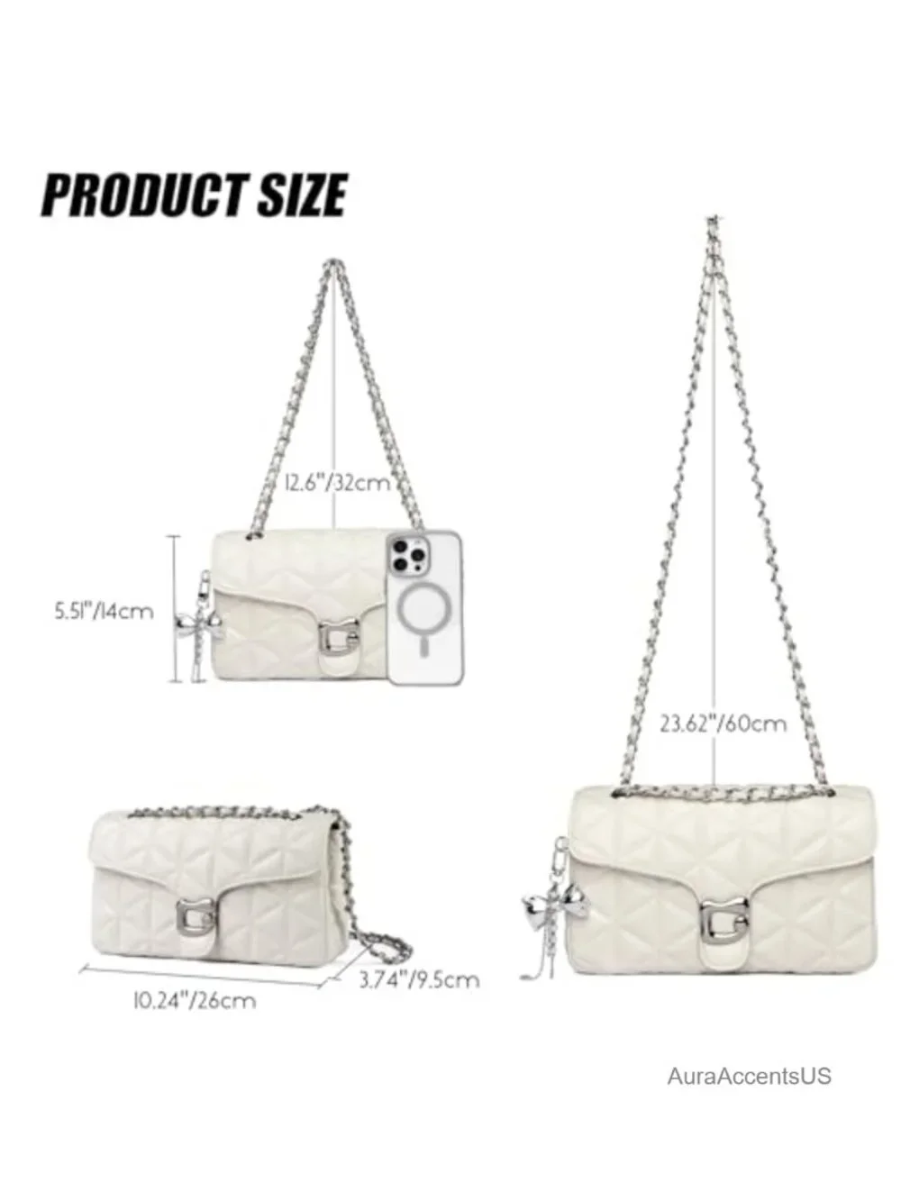 Quilted Vegan Leather Crossbody Bag with Chain Strap and Pendant Charm